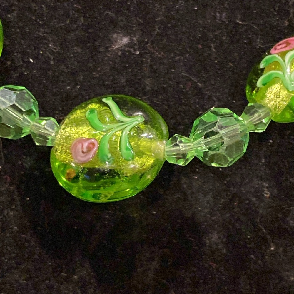 Lime Green Wedding Cake Beaded Necklace with Lime Crystals in Silver Tone. - Picture 3 of 9
